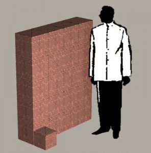 A visualization of one million pennies, that reach the example person's shoulder.