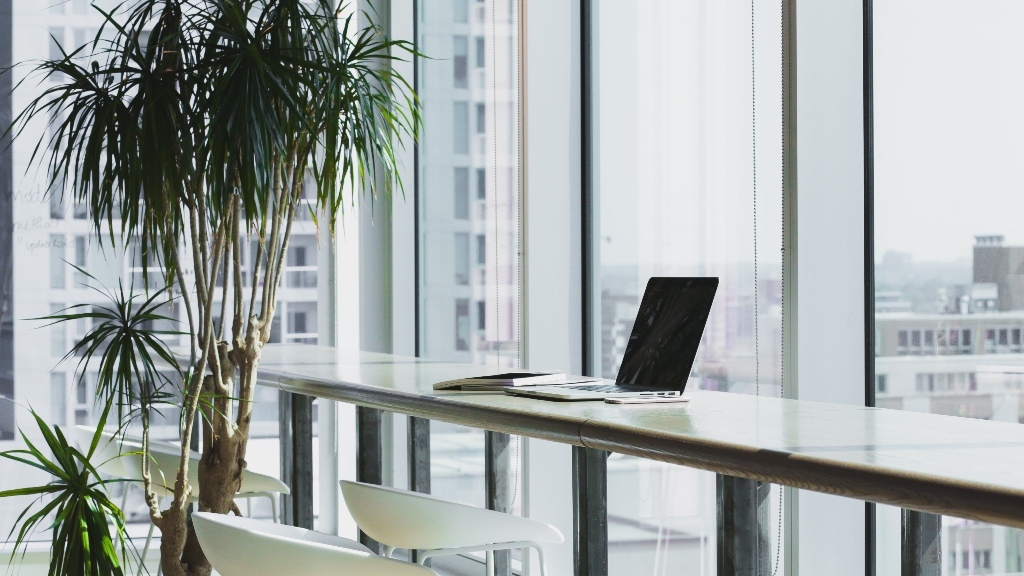 Open office floor plan with bar-style seating and a laptop. Is that enough for a business?