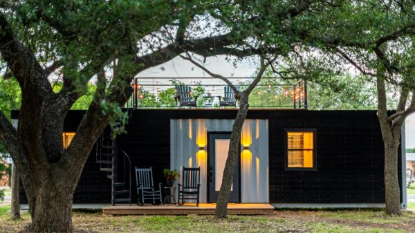 3D-printed container tiny home with roof on top