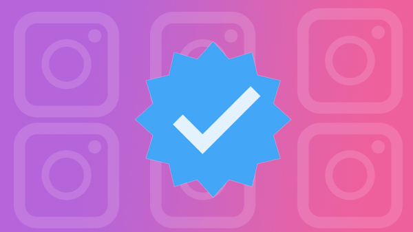 A pink and purple background with repeating Instagram logos behind a blue verification checkmark.
