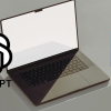 A vector art image of a laptop on a grey desk, with the logo of ChatGPT and the Bing logo sitting on either side of it.