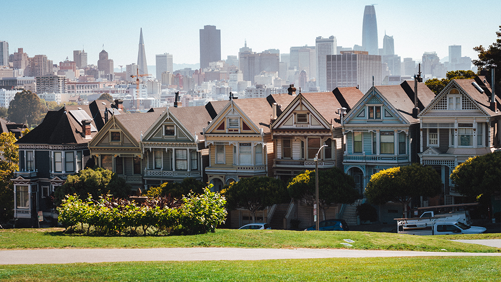 A view of houses in a suburb clustered together, with a city skyline in the distance behind the line of houses.
