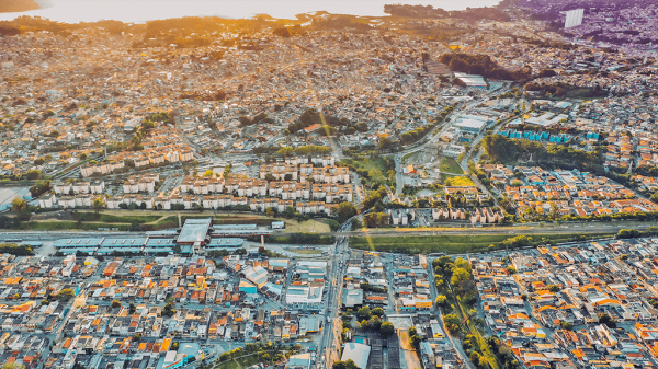 A birds eye view of a large housing development, with housing affordability at a low.