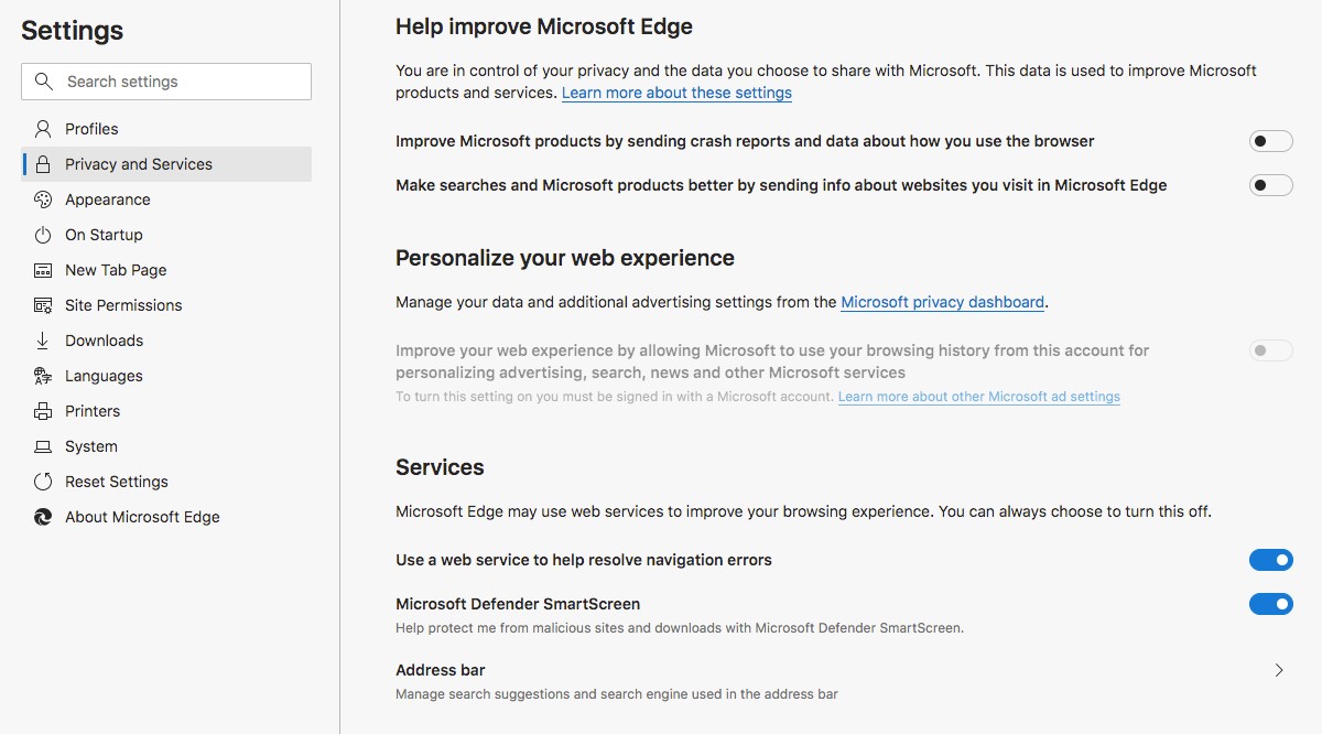 chromium services settings