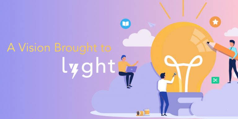 Text "A vision brought to Lyght" on a bright background with lightbulb and people in collaboration.