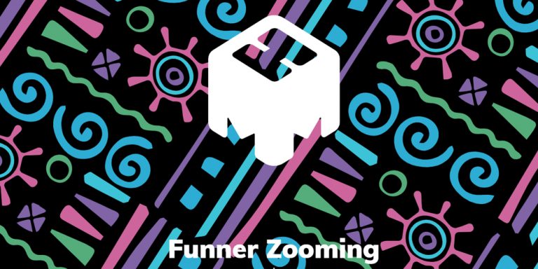 mmhmm logo on bright patterned background, saying "Funner Zooming" in white text on top
