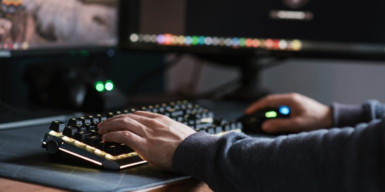 Two hands on a keyboard with dual monitors behind them, in need of online security.