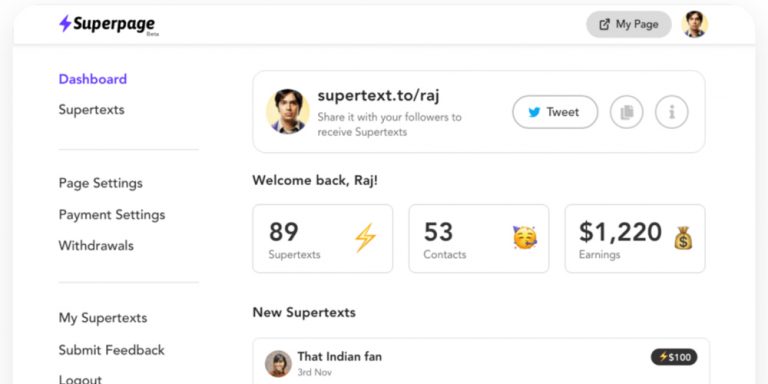 Demo page of Superpage, a contact page for influencers that lets you filter DMs across social media platforms.