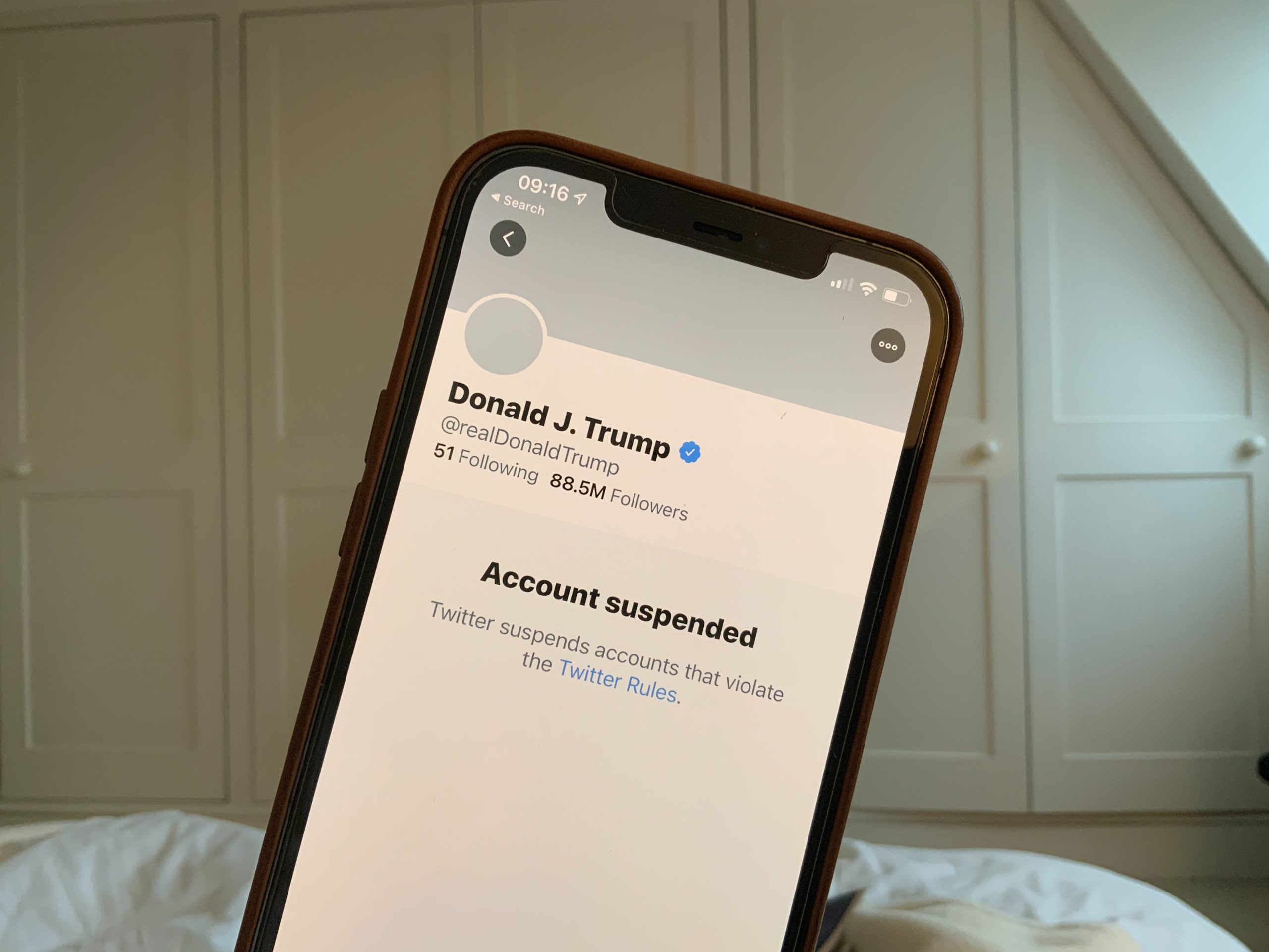 iPhone showing Trump's suspended Twitter account. 