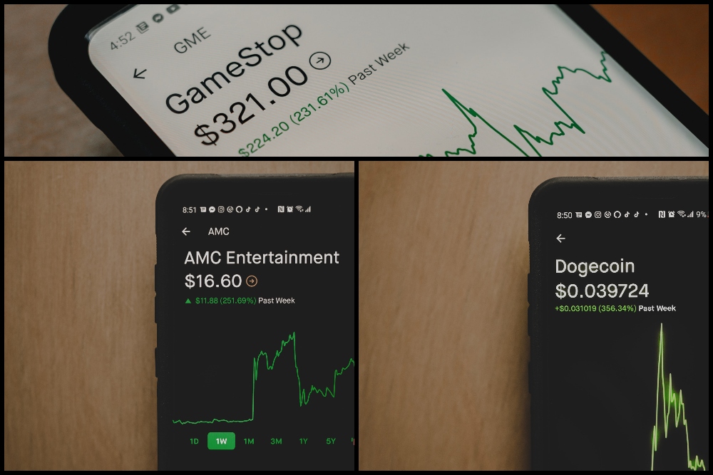 AMC, Gamestop, and Dogecoin.