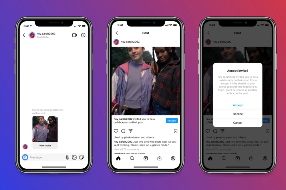 Examples of adding a co-author in Instagram Collabs feature