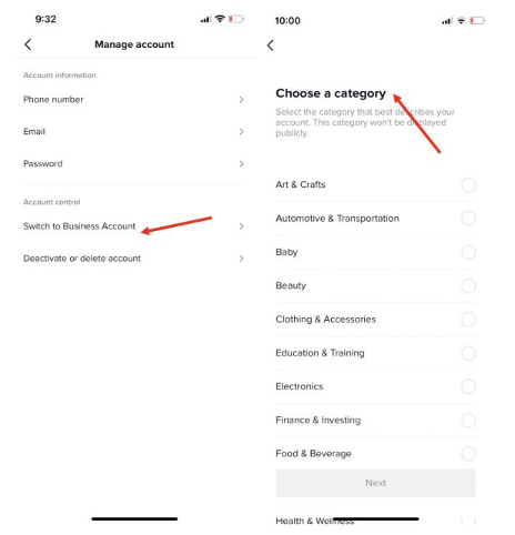 TikTok account and categories
