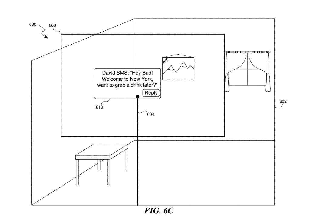 A figure diagram for Meta's VR pinning system. It shows a message in a Meta room with a gesture to pin a message reading "David SMS: Hey Bud! Welcome to New York, want to grab a drink later?"