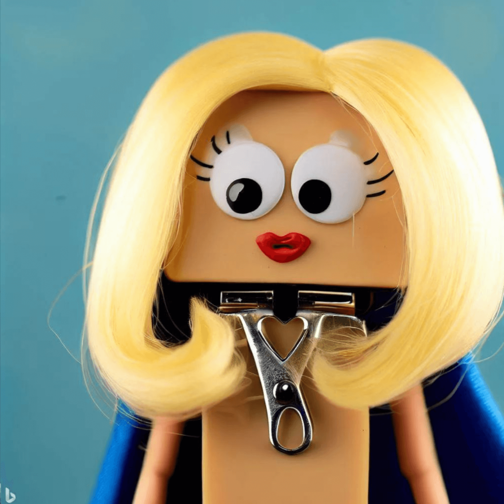 A silly paperclip dressed in a yellow wig, googly eyes, and red lipstick, and wearing a blue cape.