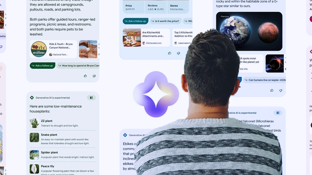 A man looking at a wall of Google AI search generated results, with the Google AI logo in the middle of the various results